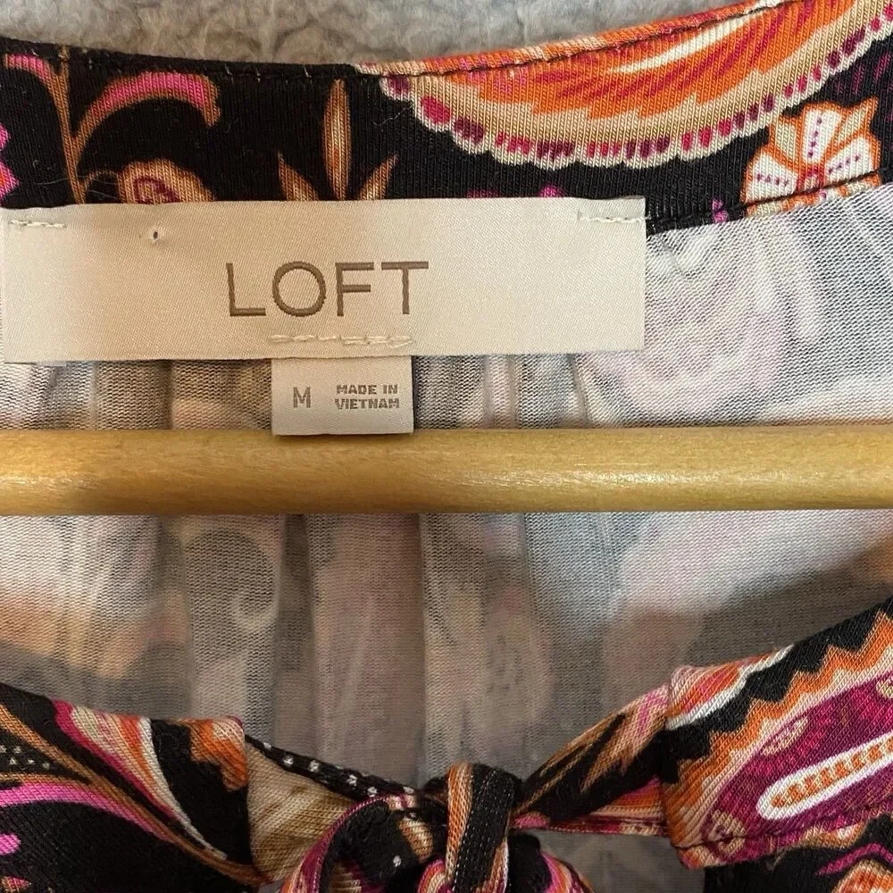 Loft Brown Boho Prairie Womens Keyhole Neck Tie Front LS Maxi Dress Sz M Stretch